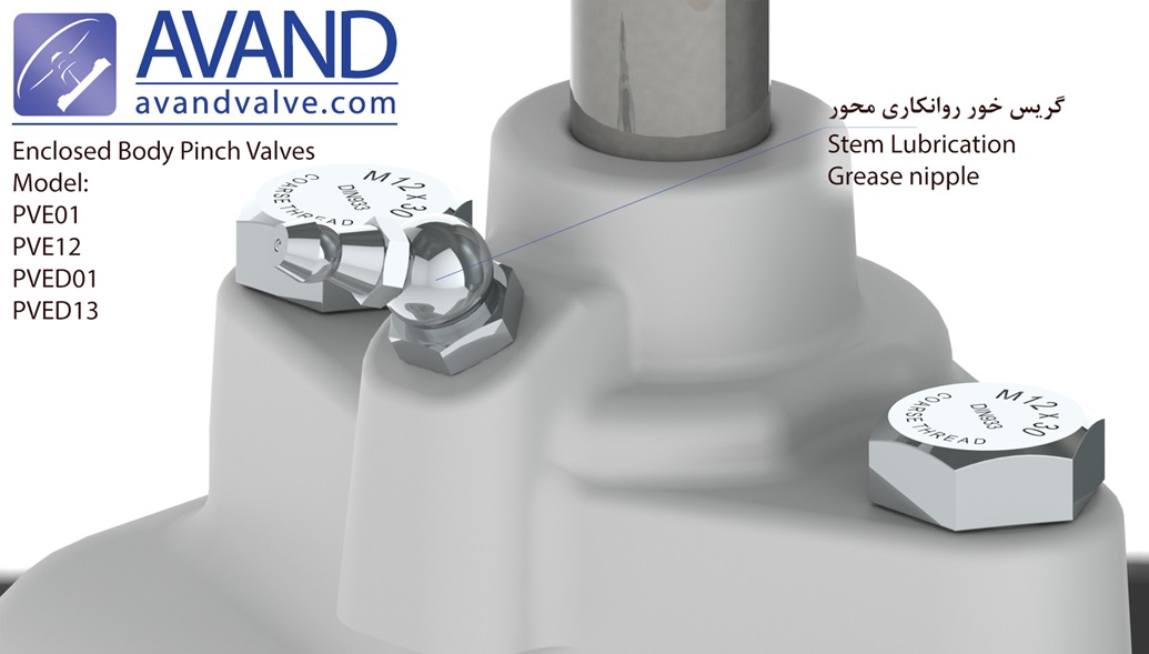 avand pinch valves,Stem lubrication grease nipple, avand parts, grease nipple, پینچ ولو های بدنه بسته، روانکاری محور، آوند